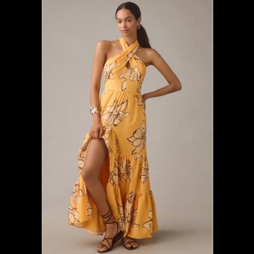 Anthropologie Yellow Floral Cross-Halter Maxi Dress